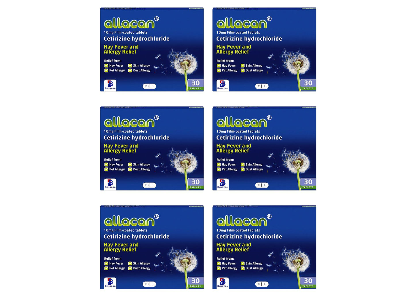 180 Tablets Allacan Cetirizine Hydrochloride Hayfever & Allergy 30 Tablets (6 Months Supply)