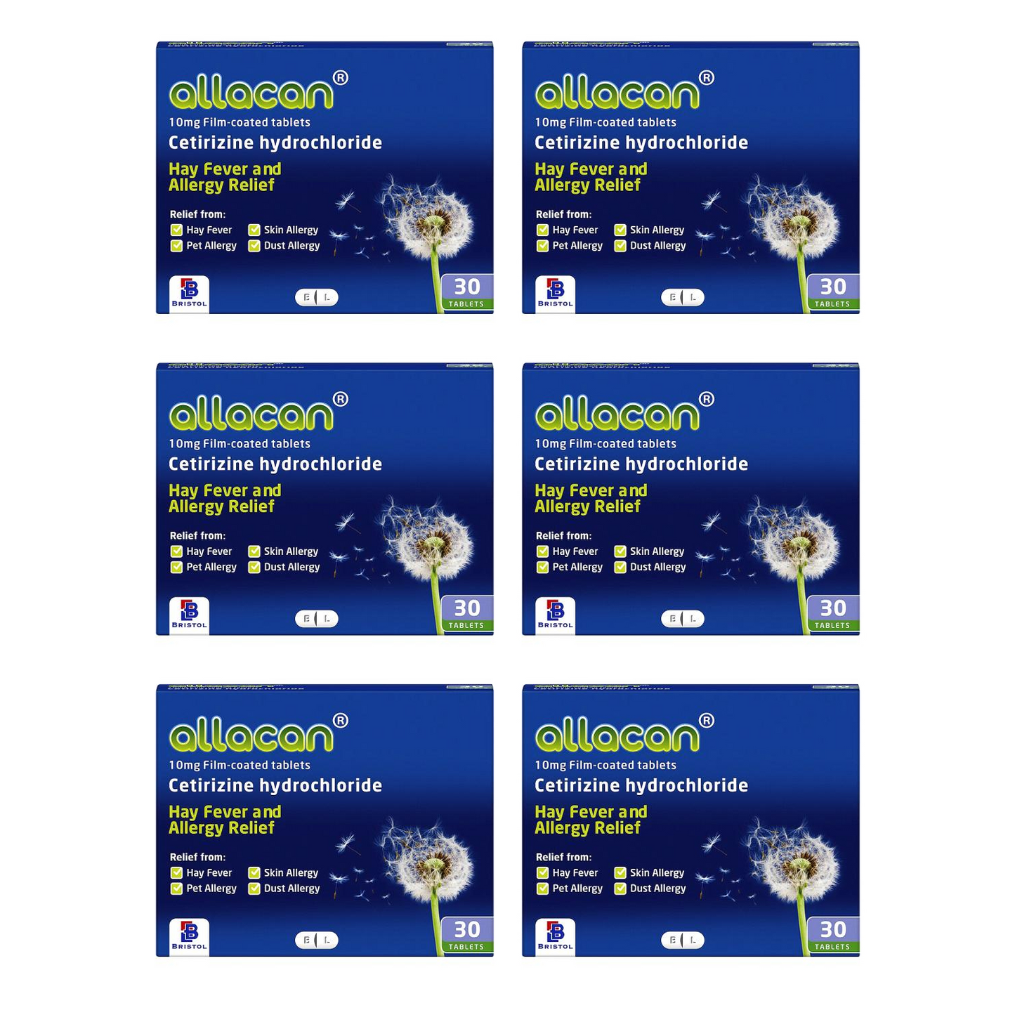 180 Tablets Allacan Cetirizine Hydrochloride Hayfever & Allergy 30 Tablets (6 Months Supply)